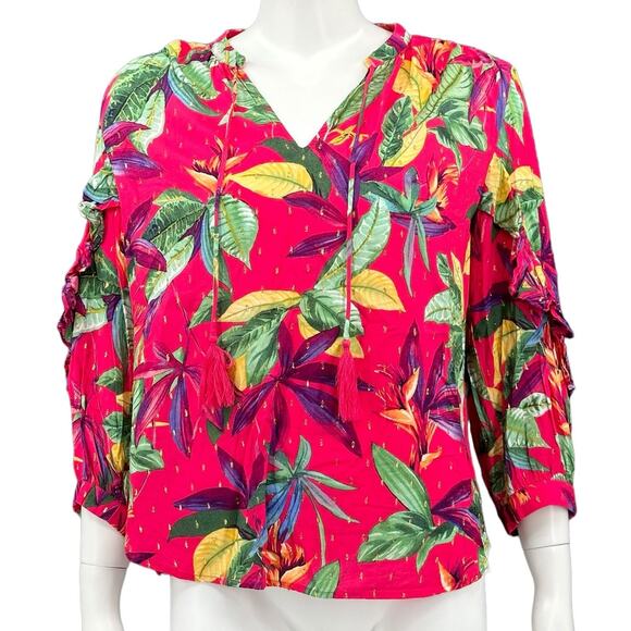 Chicos Top Womens 4 Pink Green Floral Clip Swiss Dot Metallic Tropical Colorful - Picture 1 of 8